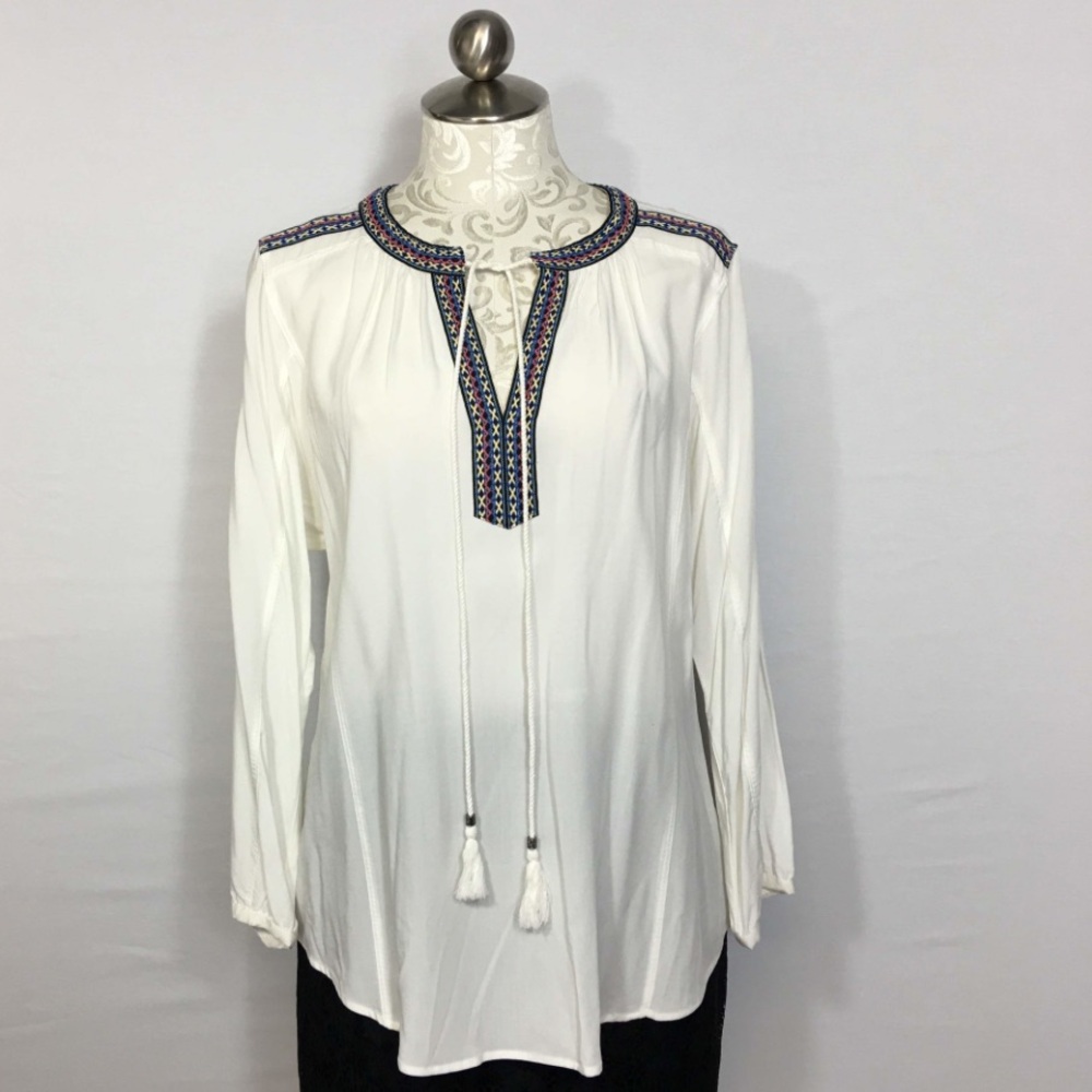 Daniel Rainn White Embroidered Split Neck Tassel Tie Long Sleeve Blouse